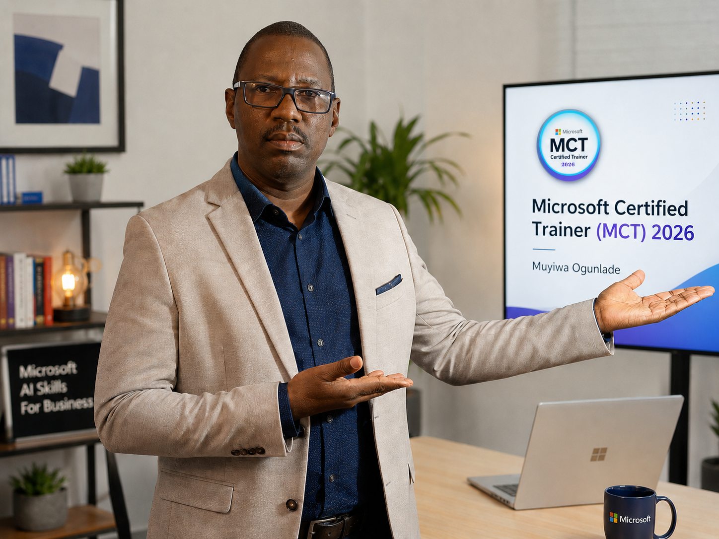 Muyiwa Ogunlade presenting, with a Microsoft Certified Trainer (MCT) 2026 credential screen behind him